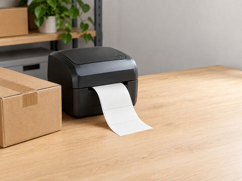 Desktop label printer with blank labels beside a closed parcel