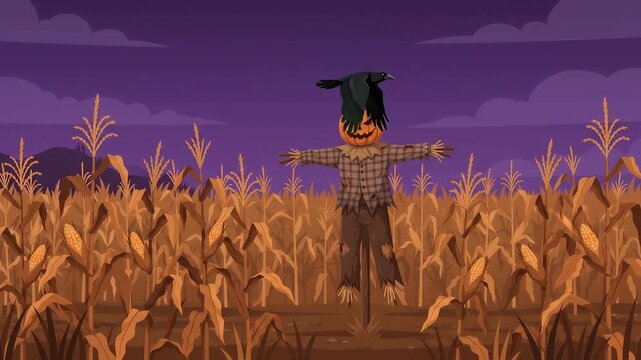 Cinematic animation of a spooky Halloween scarecrow with a pumpkin head in a cornfield