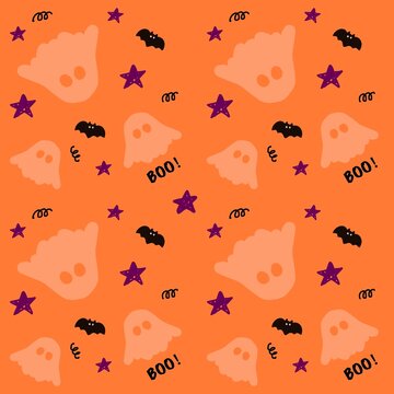 Halloween seamless pattern featuring cute ghost , black bats , purple star , decorative swirl, on bright orange background 