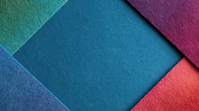 Geometric textured background composition with diagonal layered felt fabric sheets in various saturated cool and warm colors, material texture art concept