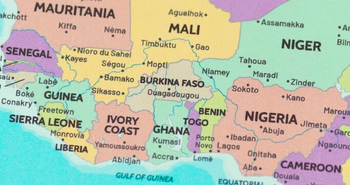 Zoom out view of burkina faso on a modern political world map