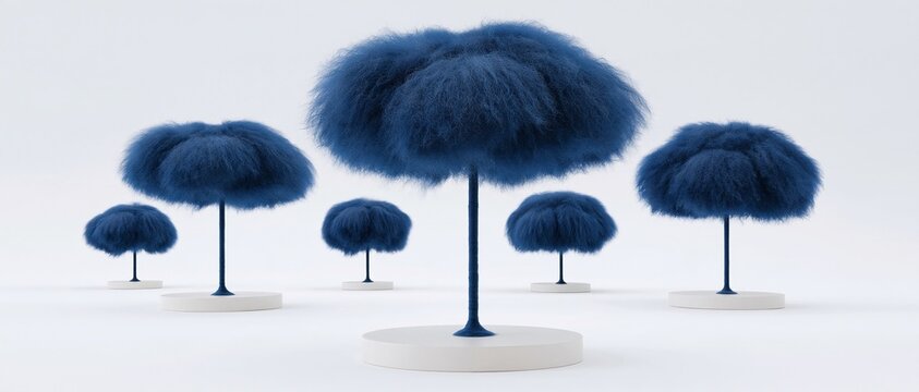 Minimalist creative 3D sculpture of fluffy blue cloud shaped wool trees arranged on white circular bases against plain white background