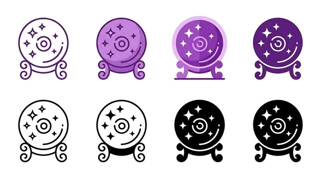 Set of eight crystal ball icons in purple and black line art style, magic fortune telling symbols collection isolated on white background