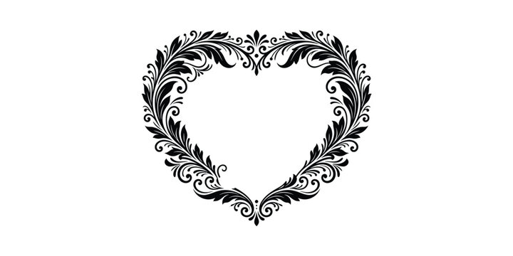 A stylish black heart shape filled with ornate floral and leaf designs, perfect for decorative use.