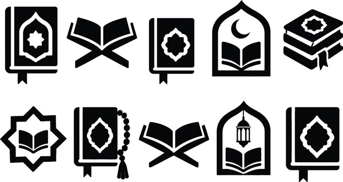 Collection of islamic religious book icons and symbols with traditional designs