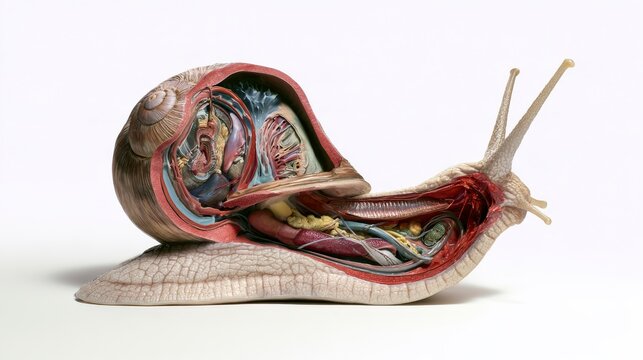 Detailed anatomical cross-section model of a garden snail revealing internal organs and structures
