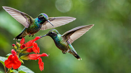 Fototapeta premium two vibrant hummingbirds with iridescent green and blue feathers hovering mid-flight over bright red tubular flowers, sharp