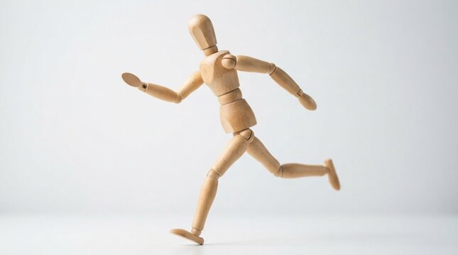 Wooden mannequin in a dynamic running pose isolated on a white