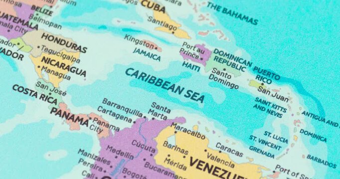 Zoom out view of the caribbean sea region on a modern political world map