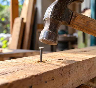 Close Up Hammer Hitting Nail into Wooden Plank in Carpentry Workshop