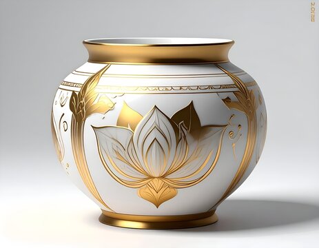 White Ceramic Pot with Ancient Sri Lankan and Futuristic Gold Ornamentation