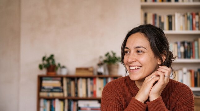 Young woman with dark hair smiling and looking away from camera in a cozy room with bookshelves