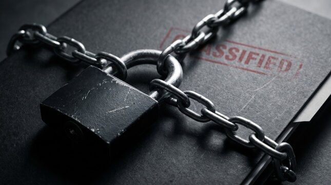 Locked folder with classified stamp secured by metal chains and a heavy padlock for data protection and security