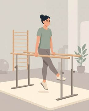 physical therapy balance exercise with parallel bars illustration - ai generated