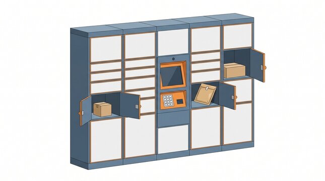 Isometric parcel locker station with open doors and cardboard