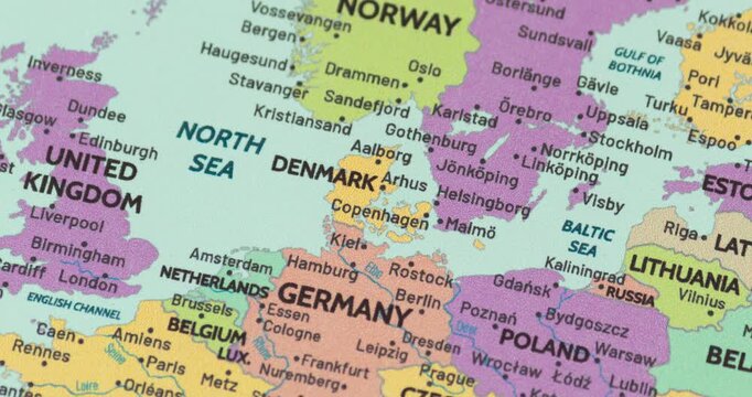 Zoom out view of denmark on a modern political world map