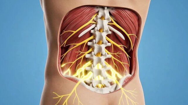 Anatomical visualization of the lower back showing the spinal column, muscles, and nervous system with glowing yellow highlights representing pain or nerve signals.