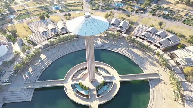 Aerial view of the tower and circular pools of Baghdad Island tourist park, Iraq