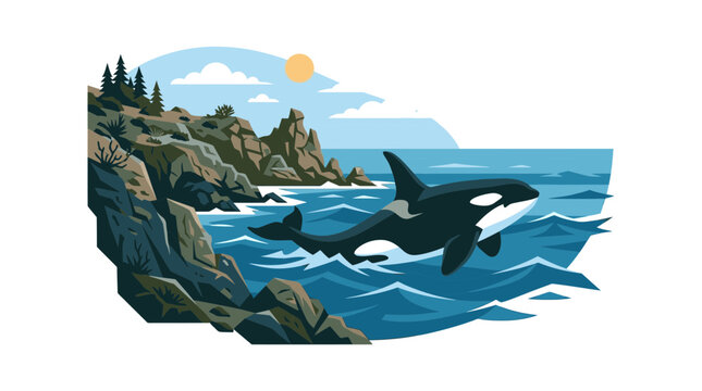 Orca Whale Swimming Near Rocky Coastline Vector Illustration