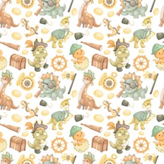 Cute Pirate Dinosaur Seamless Pattern, Watercolor Dino Adventure, Treasure Chest, Anchor & Compass Background for Kids Fabric, Nursery Wallpaper, Digital Paper, Baby Shower Decor, and Scrapbook © Benjawan