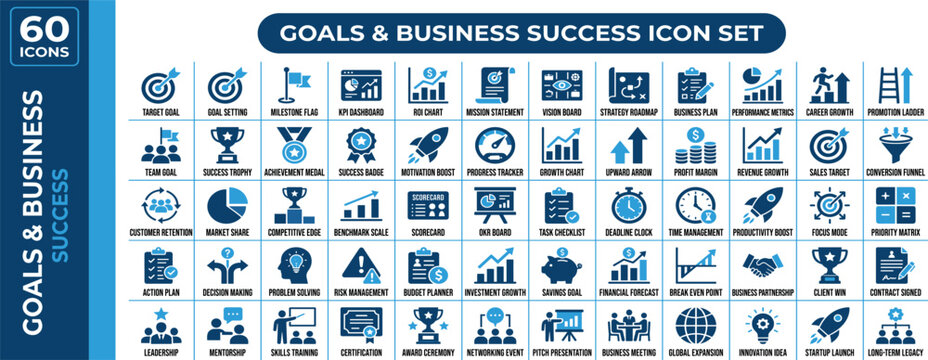 Goals and Business Success solid icon set. Includes symbols for Target Goal, Milestone, KPI Dashboard, and ROI. Solid vector icons for mission statement, performance metrics, and career growth.
