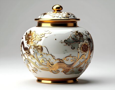 White Porcelain Jar with Ancient Chinese and Futuristic Gold Geometric Patterns