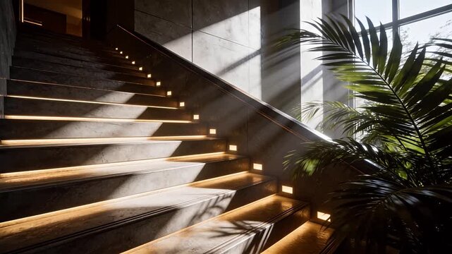 Modern staircase with embedded warm lighting and large green plant