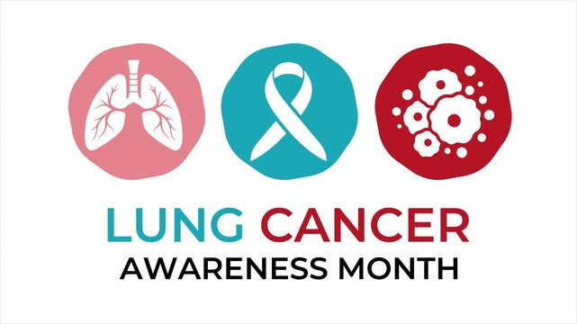 Motion graphics of lung cancer awareness composition combining lungs, teal ribbon and cancer cell imagery for medical campaigns and health education.