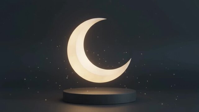 3D Glowing Crescent Moon on Dark Pedestal Podium with Magical Sparkles Product Display Background   
