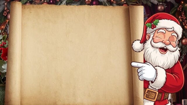 Animated Santa Claus pointing at a blank parchment scroll for Christmas messages. Christmas greeting card video template with talking Santa Claus and copy space.  Smiling Santa Claus character.
