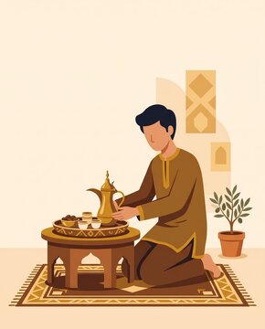 arab man serving traditional arabic coffee and dates illustration - ai generated