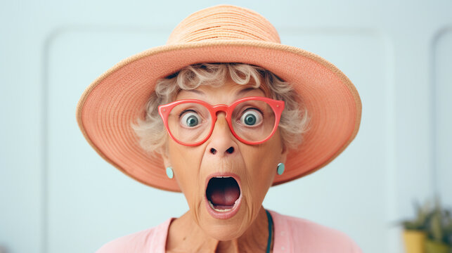 elderly woman wearing hat and glasses with shocked expression