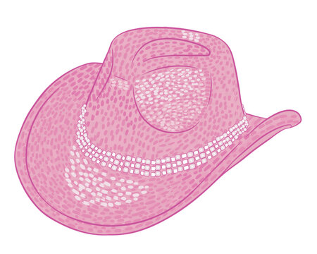 Pink cowboy or cowgirl hat with a sequin-like texture, adorned with a decorative band of sparkling rhinestones. Isolated on transparent background.