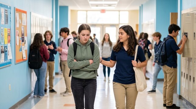 Supportive Student Walking with Classmate to Build Safety After Bullying