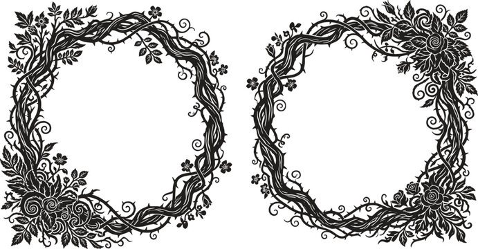 Fantasy magical round thorn frame silhouette vector set featuring gnarled woody vines botanical rose flowers and enchanted forest borders