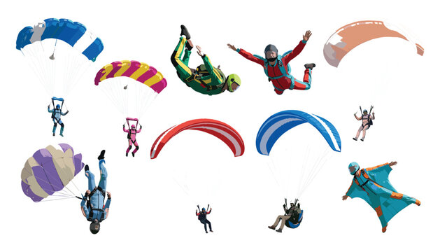 Skydiving and paragliding vector set featuring extreme sports skydivers parachuting and wing suit flying in air