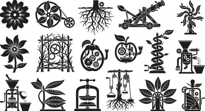 Fantasy steampunk agriculture machinery silhouette vector set featuring alchemy gears catapults tree roots apple machines and eco industry equipment
