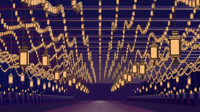 Floating gold lantern canopy in flowing waves over sapphire and plum
