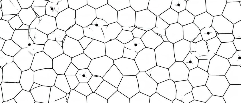 Voronoi diagram with irregular polygon cells and black dots on white background