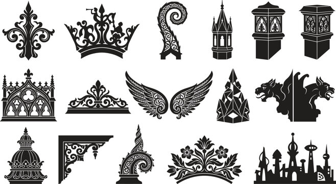 Gothic architectural ornaments and vintage details black silhouettes set featuring crowns, gargoyles, spires, wings, and filigree borders
