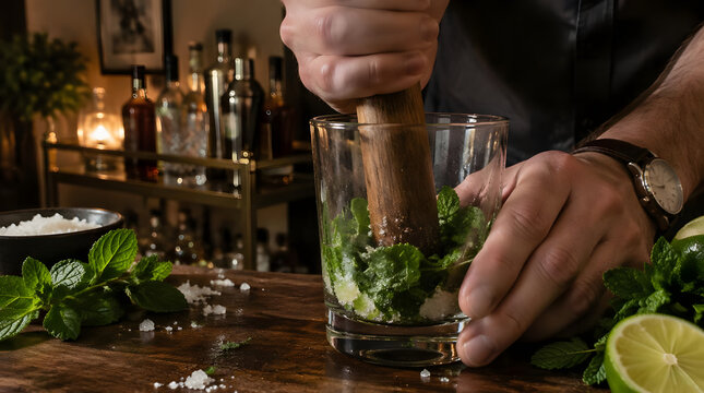 Bartender muddling fresh mint and lime for a refreshing cocktail.