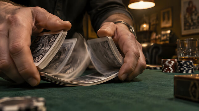 Close up of a persons hands shuffling a deck of playing cards on a green felt table.