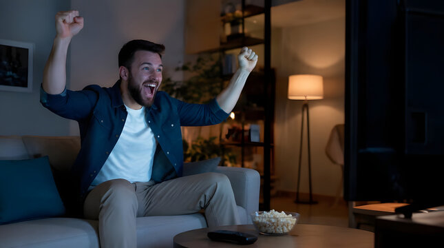Excited young man celebrating victory while watching sports on television at night.