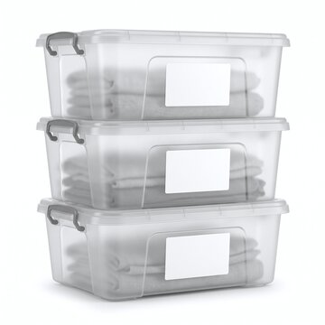 stacked transparent plastic storage bins with blank labels isolated on white - ai generated