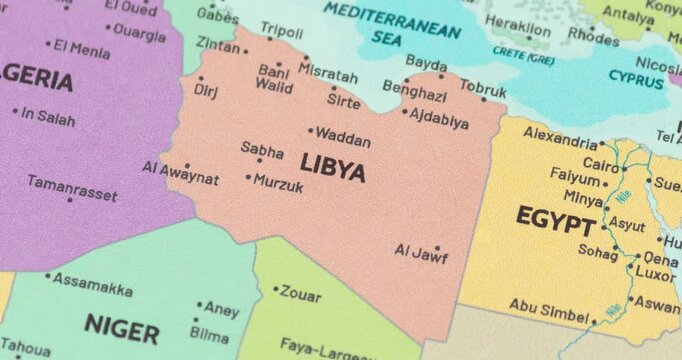 Zoom out view of libya on a modern political world map