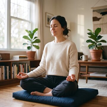 peaceful woman meditating at home in lotus pose lifestyle portrait - ai generated
