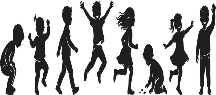 Happy children playing and jumping silhouette vector icon set featuring active kids childhood movement poses