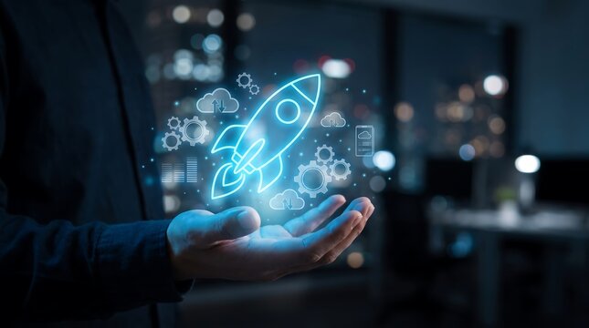 Businessman holding glowing rocket icon hologram representing startup launch in dark office.