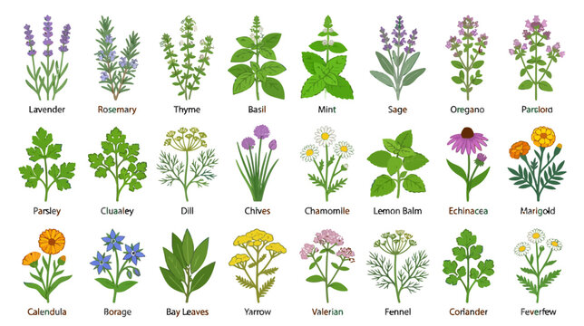 Herbal Collection: Diverse Culinary and Medicinal Plants Illustration