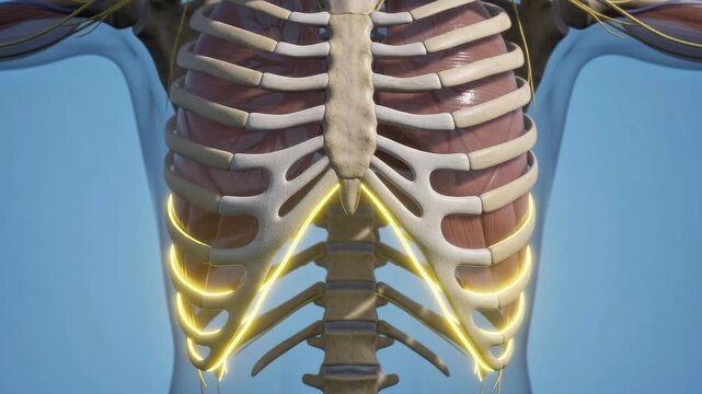 Medical 3D animation of light pulses traveling through the intercostal nerves of a human rib cage against a blue background